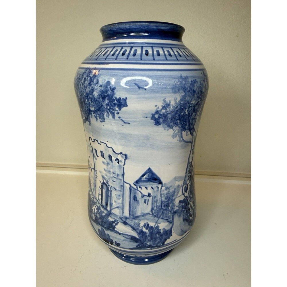 Blue & White Hand Painted Ceramic Vase Scenic Landscape 9” Chinoiserie Style